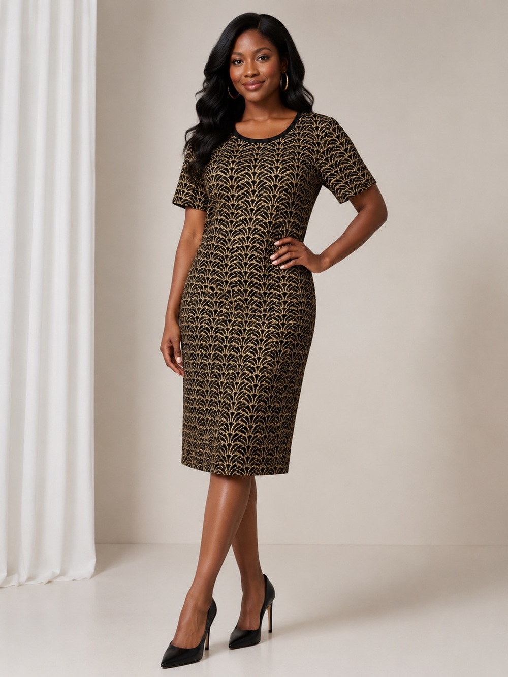 Signature Collection Elegant Black and Gold Patterned Dress Women's Size S (4-6)